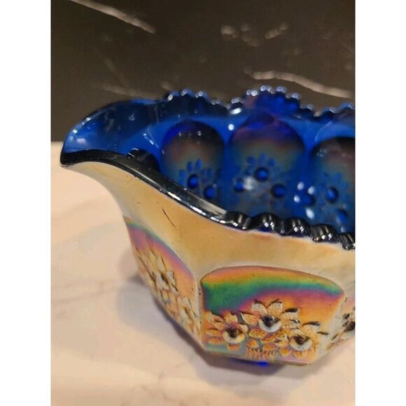 Fenton Carnival Glass Creamer Orange Tree Pattern Blue Base Scallop Edge GUC - Picture 8 of 9